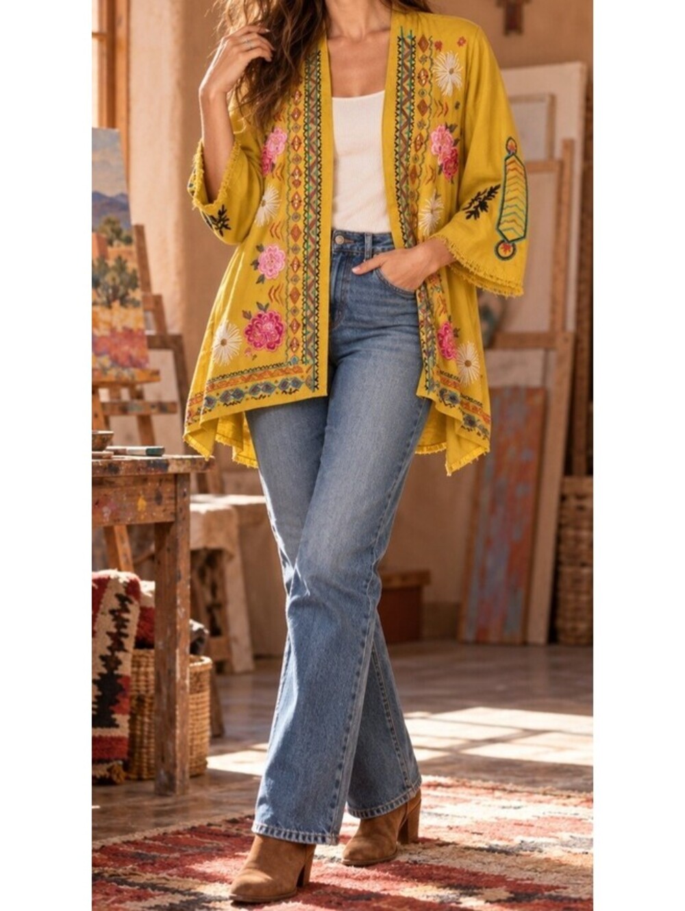John Mark Embroidered Kimono Jacket Womens Sz Small Mustard Floral Boho Western